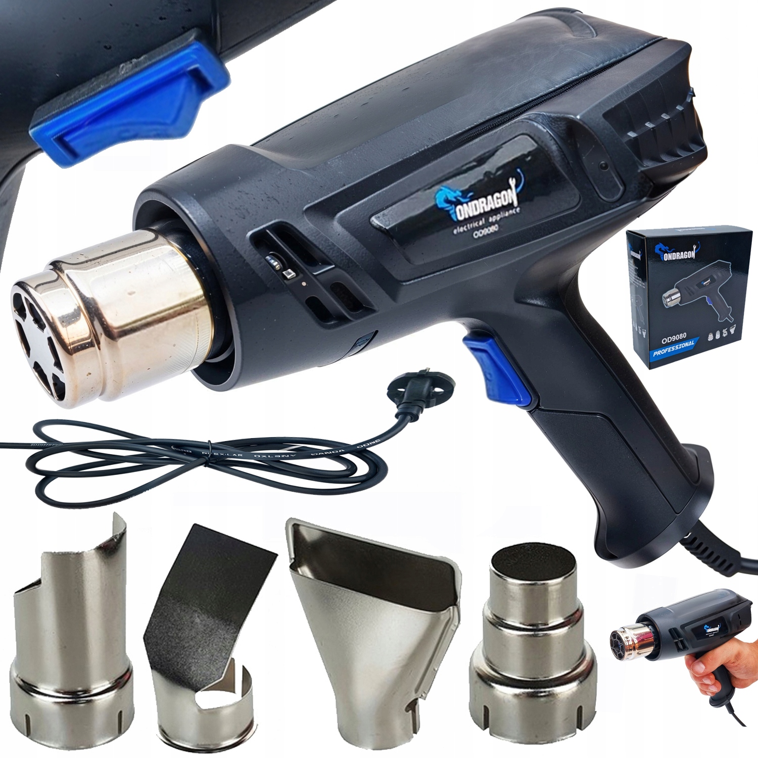 ELEKTRICKÁ HORKOVZDUŠNÁ PISTOLE 2200 W, 2 NASTAVENÍ RYCHLOSTÍ, 4 TRYSKY, POUZDRO, SILNÉ 600 °C od9080o